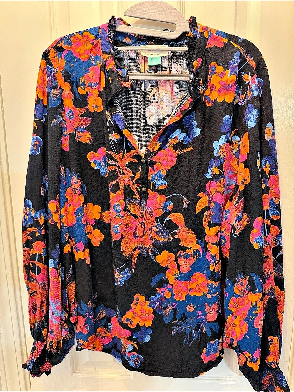 Maeve Floral Blouse in Black & Orange Size XL Like New